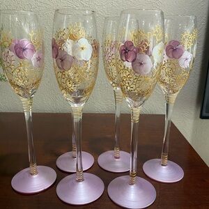 Set of 4, Hand Painted Floral Champagne Glasses, Created as Specialty Glassware